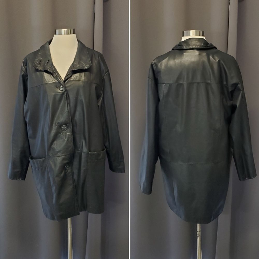 Vintage 90s y2k Bratz Oversized‎ Black Leather Slouchy Overcoat Trench Coat Sm